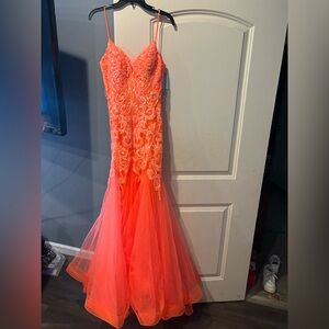 Camille La Vie Neon Coral Beaded Mermaid Prom Dress